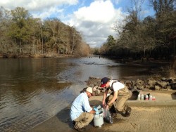 Students gathering water and sand samples from the Ogeechee river launch area